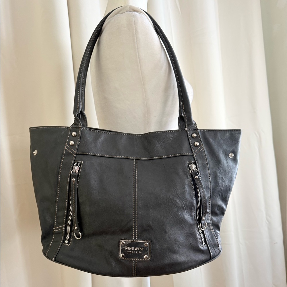 Vintage Black Nine West Faux Leather Tote Bag With Zippers